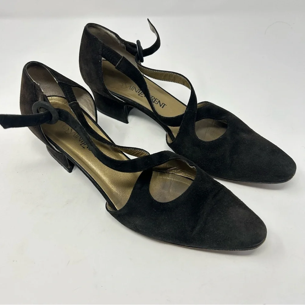 Yves Saint Laurent Suede Brown Strap Pumps Size 7.5N Vintage Designer Shoes